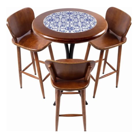 Conjunto Mesa Bistrô Alta Redonda 60cm + 3 Banquetas Bar Varanda Pub - Azulejo Português - Natural
