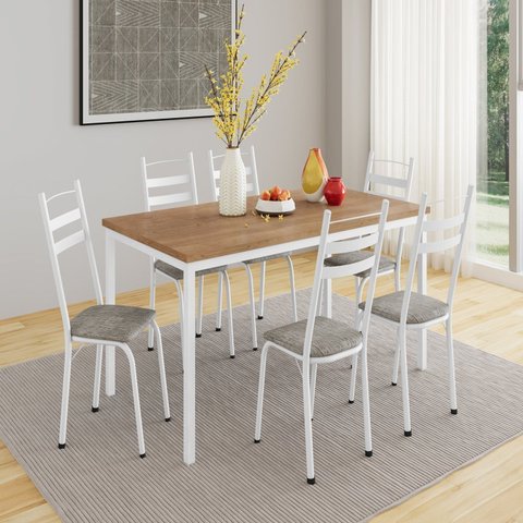 Conjunto Sala de Jantar Mesa Retangular Tampo BP com 6 Cadeiras Adriana Branco/Grafiato/Demolição