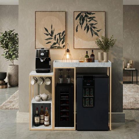 Aparador para Adega, Cervejeira, Frigobar com Cantinho do Café Alba Metal Dourado MDF Atenna