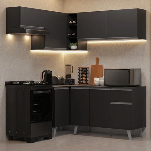 Armário de Cozinha Completa de Canto 325 Cm Preto Nice Madesa 06 Preto