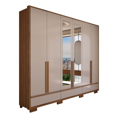 Guarda-roupa Casal Hill 6 Portas 3 Gavetas com Espelho 100% Mdf Freijó Trend/off White Tx - Panorama