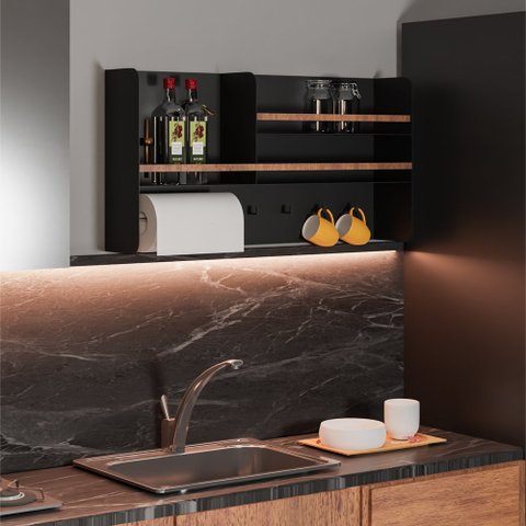 Organizador Multiuso Cozinha em Aço Carbono Preto Madeira - 80cm Linha Home