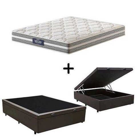 Cama Box C/ Baú Casal + Colchão de Molas Ensacadas Probel Vegas Comfort Pillow Euro Casal