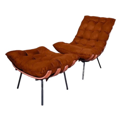 Kit Poltrona Costela com Puff para Sala Suede Telha