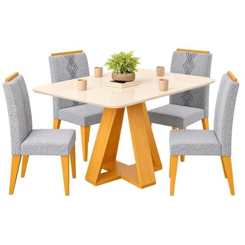 Conjunto de Jantar Mesa Kiara 120 com Kit 4 Cadeiras Yasmin 4 Lugares Tampo em MDF Cedro Off White