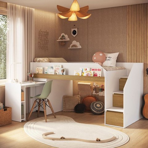 Cama Infantil Estação 2 Portas 1 Gaveta com Escrivaninha Branco/Carvalho Xingu - Completa Móveis