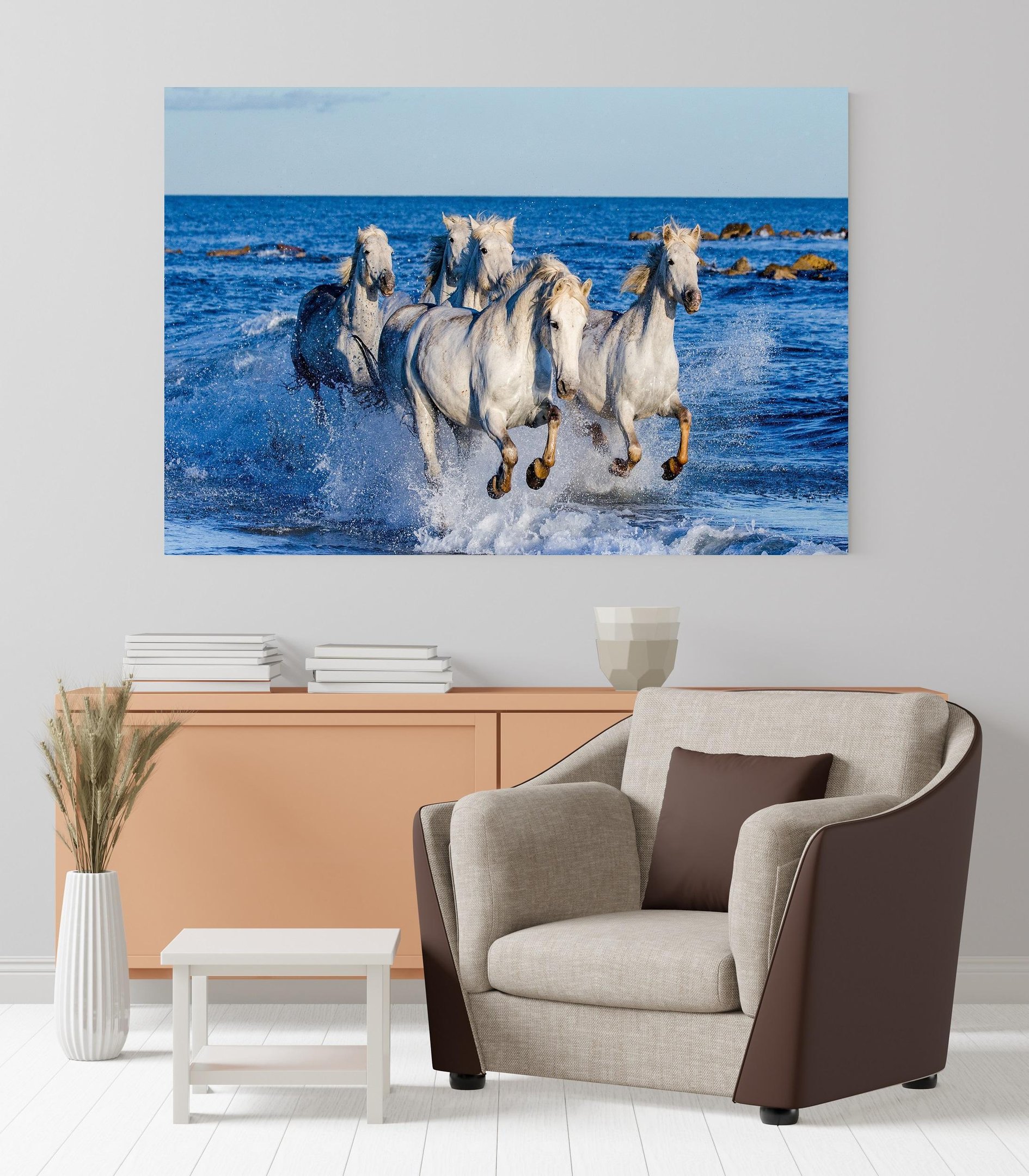Quadro Decorativo em Tela Grande Cavalos Mar Praia para Sala - 3