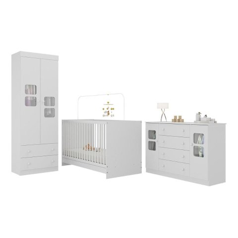 Quarto de Bebê Completo com Berço 3 em 1 para Colchão 130x60cm Brisa Multimóveis Mp4529 Branco