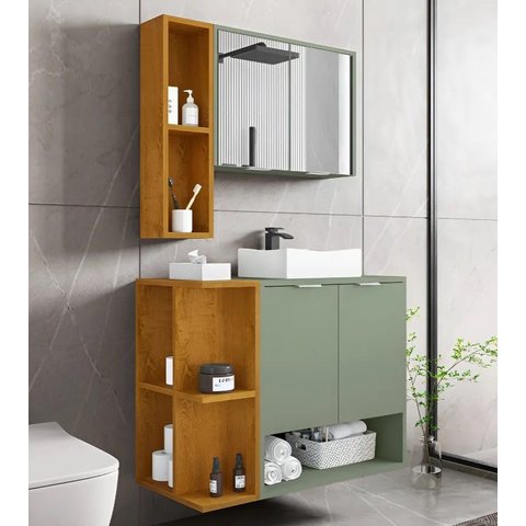 Conjunto Banheiro Ibiza Nichos Cuba 2 Portas + Espelheira:Pistache/Naturale
