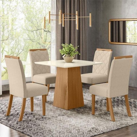 Mesa de Jantar Dora 90cm Canto Reto sem Vidro Ambiente Nature Off White com 4 Cadeiras Bella Linho