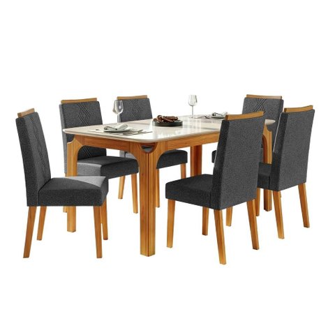 Conjunto Sala de Jantar Mesa Tampo em Vidro 1,60m Mel 6 Cadeiras Tati