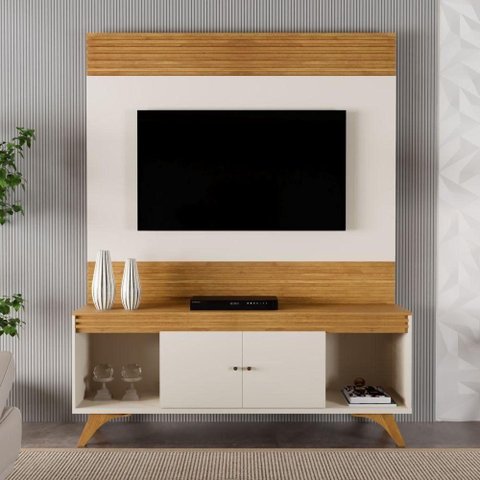 Conjunto Painel + Rack Sevilha 162cm 160cm MDP Off White e Naturalle Mavaular Móveis