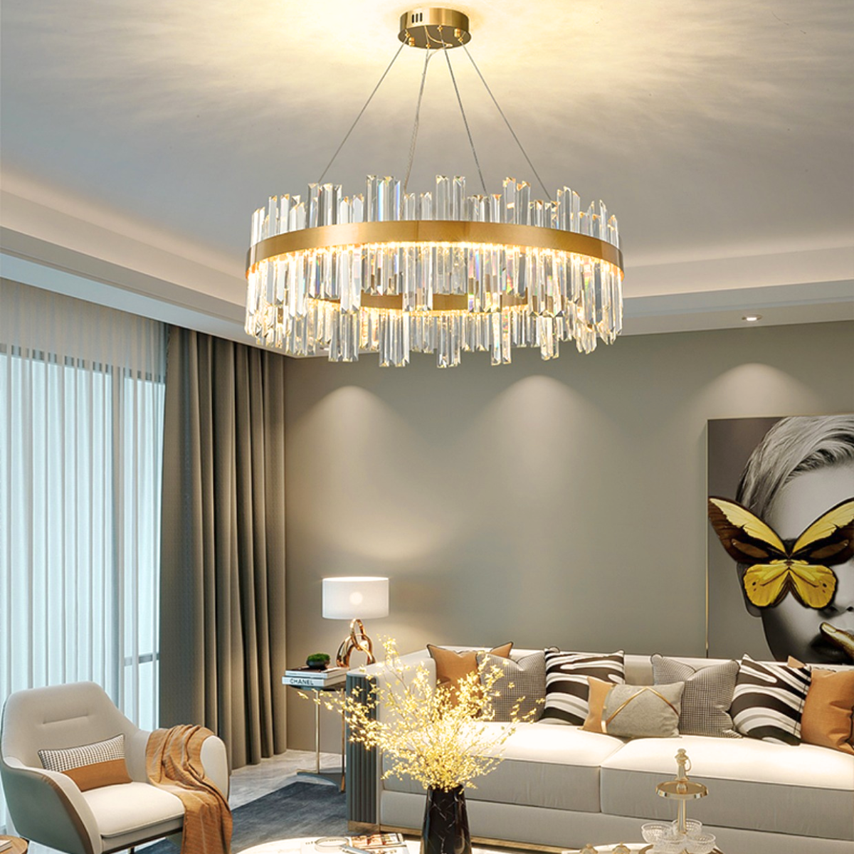 Ver imagem 1 de Lustre Pendente 130x77cm 160 Cristais Led 3 Cores Redondo Luminária Teto Gimpo Kjdd-l-392-80cm