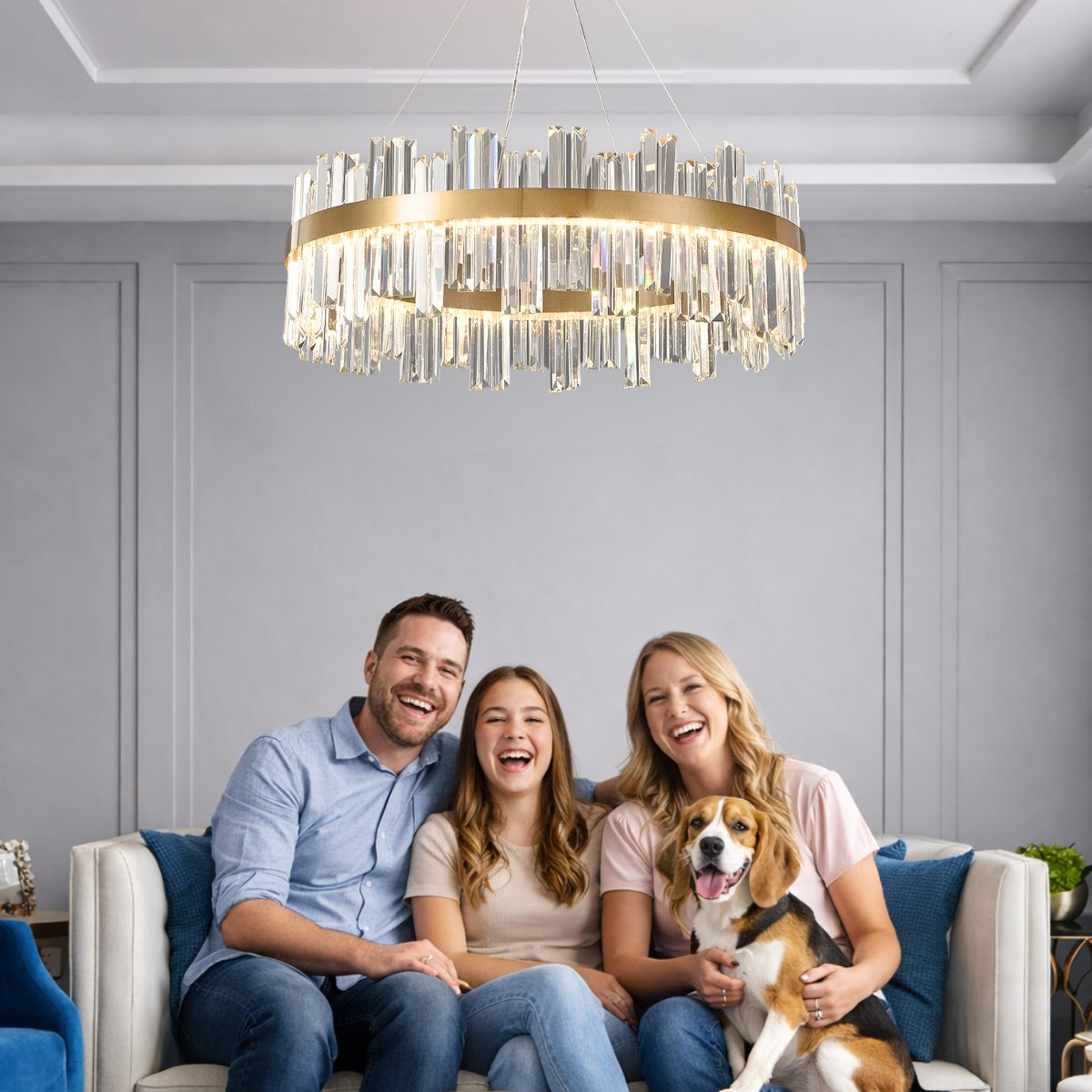 Ver imagem 2 de Lustre Pendente 130x77cm 160 Cristais Led 3 Cores Redondo Luminária Teto Gimpo Kjdd-l-392-80cm