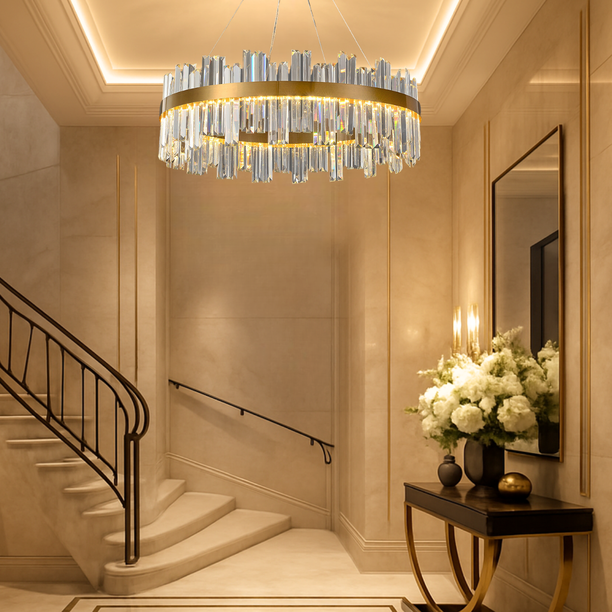 Ver mais imagens de Lustre Pendente 130x77cm 160 Cristais Led 3 Cores Redondo Luminária Teto Gimpo Kjdd-l-392-80cm