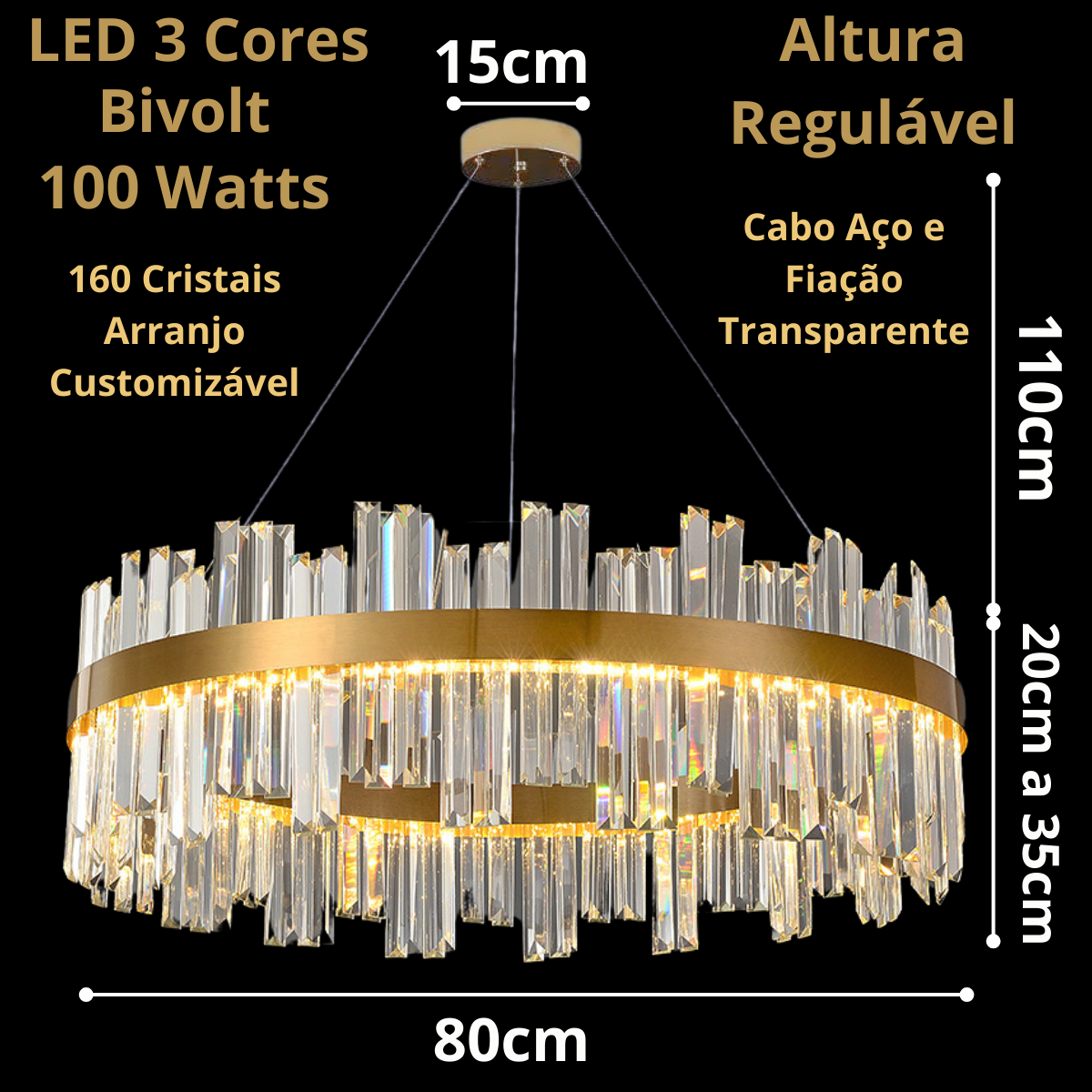 Ver imagem 5 de Lustre Pendente 130x77cm 160 Cristais Led 3 Cores Redondo Luminária Teto Gimpo Kjdd-l-392-80cm