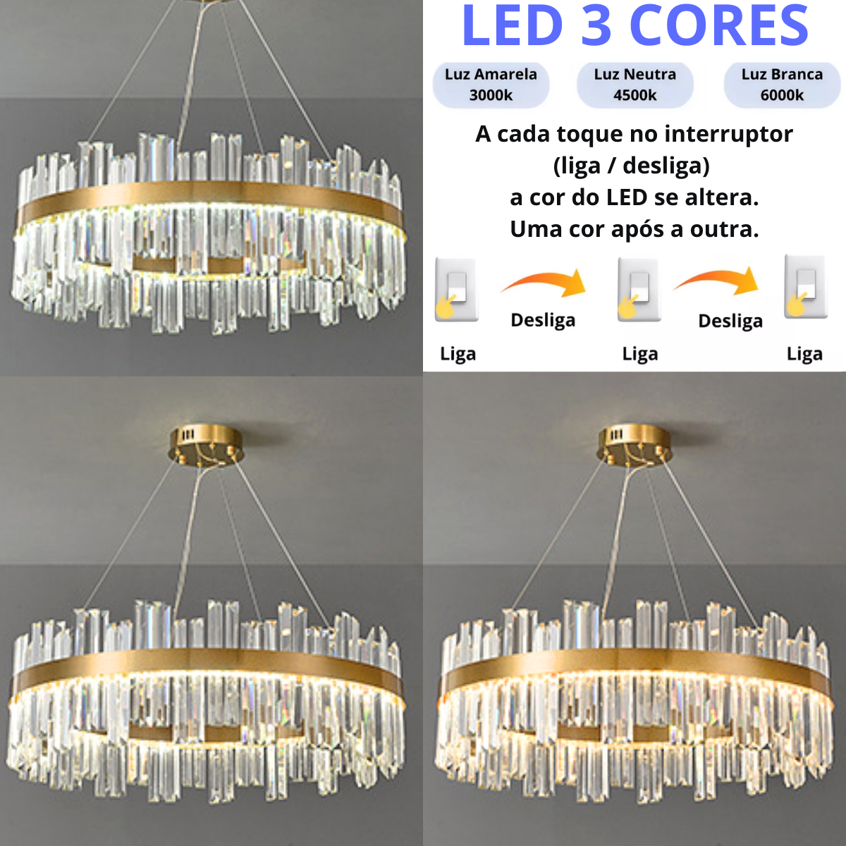 Ver imagem 4 de Lustre Pendente 130x77cm 160 Cristais Led 3 Cores Redondo Luminária Teto Gimpo Kjdd-l-392-80cm