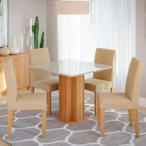 Conjunto Sala de Jantar Mesa Tampo Vidro 95x95 Sophia 4 Cadeiras Maia Cimol Nature/Off White/Gengibr