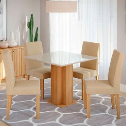 Conjunto Sala de Jantar Mesa Tampo Vidro 95x95 Sophia 4 Cadeiras Maia Cimol Nature/Off White/Gengibr - 1 Conjunto Sala de Jantar Mesa Tampo Vidro 95x95 Sophia 4 Cadeiras Maia Cimol Nature/Off White/Gengibr - 1