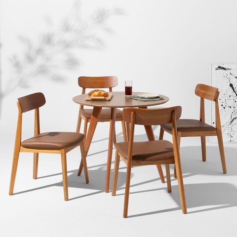 Conjunto Mesa de Jantar Square Redonda Bétula - 88cm + 4 Cadeiras Nord Encosto Madeira Assento PU - 