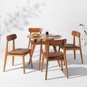 Ver imagem 1 de Conjunto Mesa de Jantar Square Redonda Bétula - 88cm + 4 Cadeiras Nord Encosto Madeira Assento PU -