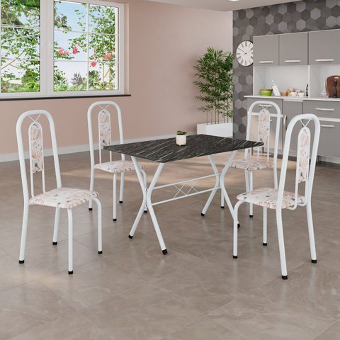 Conjunto de Mesa Tubular 100x60cm Tampo em Ardósia com 4 Cadeiras Lívia Branco/Botanic Bege