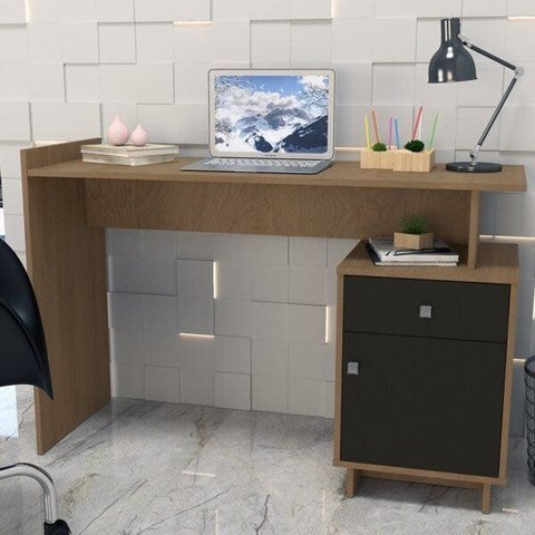Escrivaninha Mesa Escritório Lisboa 1 Gaveta 1 Porta 122cm Mel e Preto Marrom