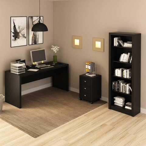 Kit para Escritório com Mesa Gaveteiro e Estante 5 Nichos Pr Cor:preto