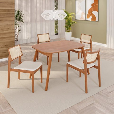 Sala de Jantar Mesa Tampo Laminado 110x76cm com 4 Cadeiras em Linho Ceci Yescasa Marrom