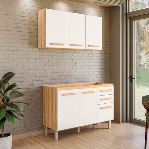 Conjunto de Cozinha com Balcão sem Tampo e Armário Aéreo 120cm Intenza Freijó Off White Nicioli