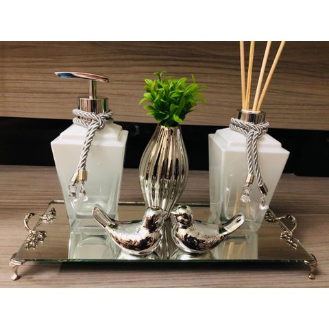 Kit Lavabo Prata Branco 6 Peças Difusor Sabonete Bandeja