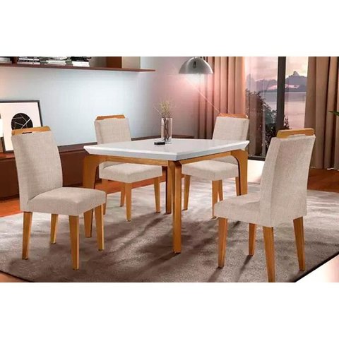 Sala de Jantar Completa Londrina Tampo Madeirado c/ Vidro 120cm + 4 Cadeiras Athenas Imbuia/Linho Es