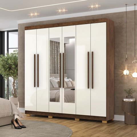 Guarda Roupa Casal Doral 6 Portas de Bater 2 com Espelhos 2 Gavetas Nogueira/offwhite G98 - Gran Bel