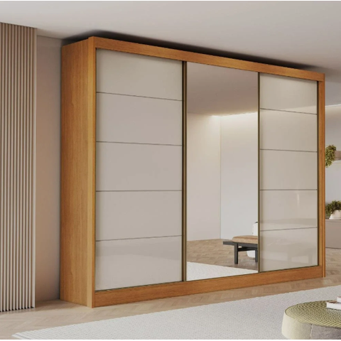 Guarda Roupa Casal com 1 Espelho Naturale Off 3 Portas de Correr em MDF Tokio Bianchi