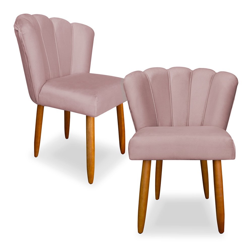 Kit 2 Cadeiras de Jantar Pétala Estofada Pés Palito Veludo Rosê Claro - Montanaris Decor - 1