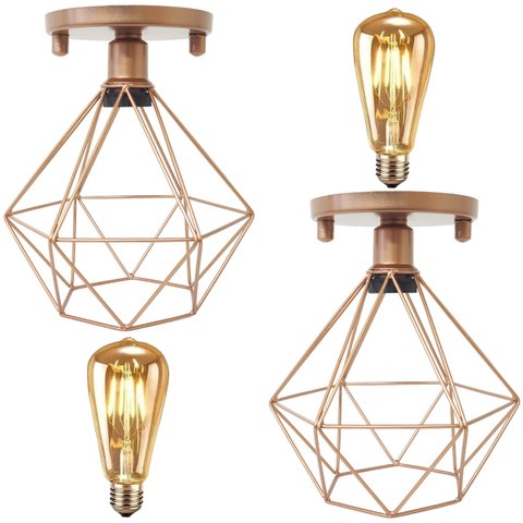 2 Lustre Teto Plafon + 2 Lâmpada LED St64 Industrial Aramado Diamante Retrô Vintage Cobre Rose