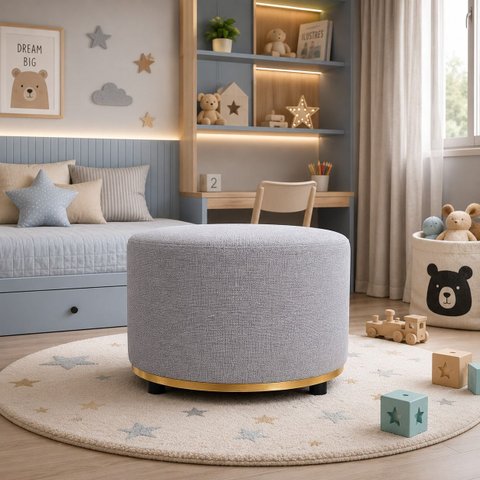 Puff Redondo Infantil - Banquinho Decorativo para Quarto Brinquedoteca - Espaço Kids Linho Cinza