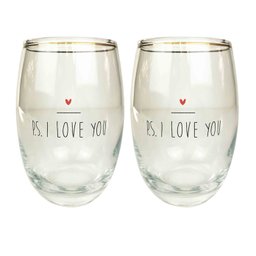 Jogo c/ 2 Copos Vidro 460ml Borda Filete em Tinta Ouro Coleção Exclusiva PS I Love You - 1