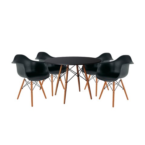 Mesa de Jantar Redonda Eiffel Eames em Madeira 110cm Preta com 4 Poltronas Pretas