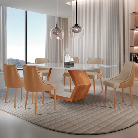 Conjunto para Sala de Jantar Mesa Sarah em Madeira Tampo 180cm com Vidro e 6 Cadeiras Roma Marrom/Ca