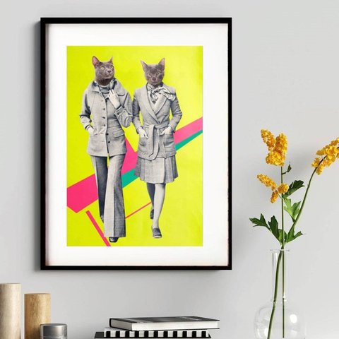Quadro Decorativo Gatos Fashion - 60x48cm:madeira Branca