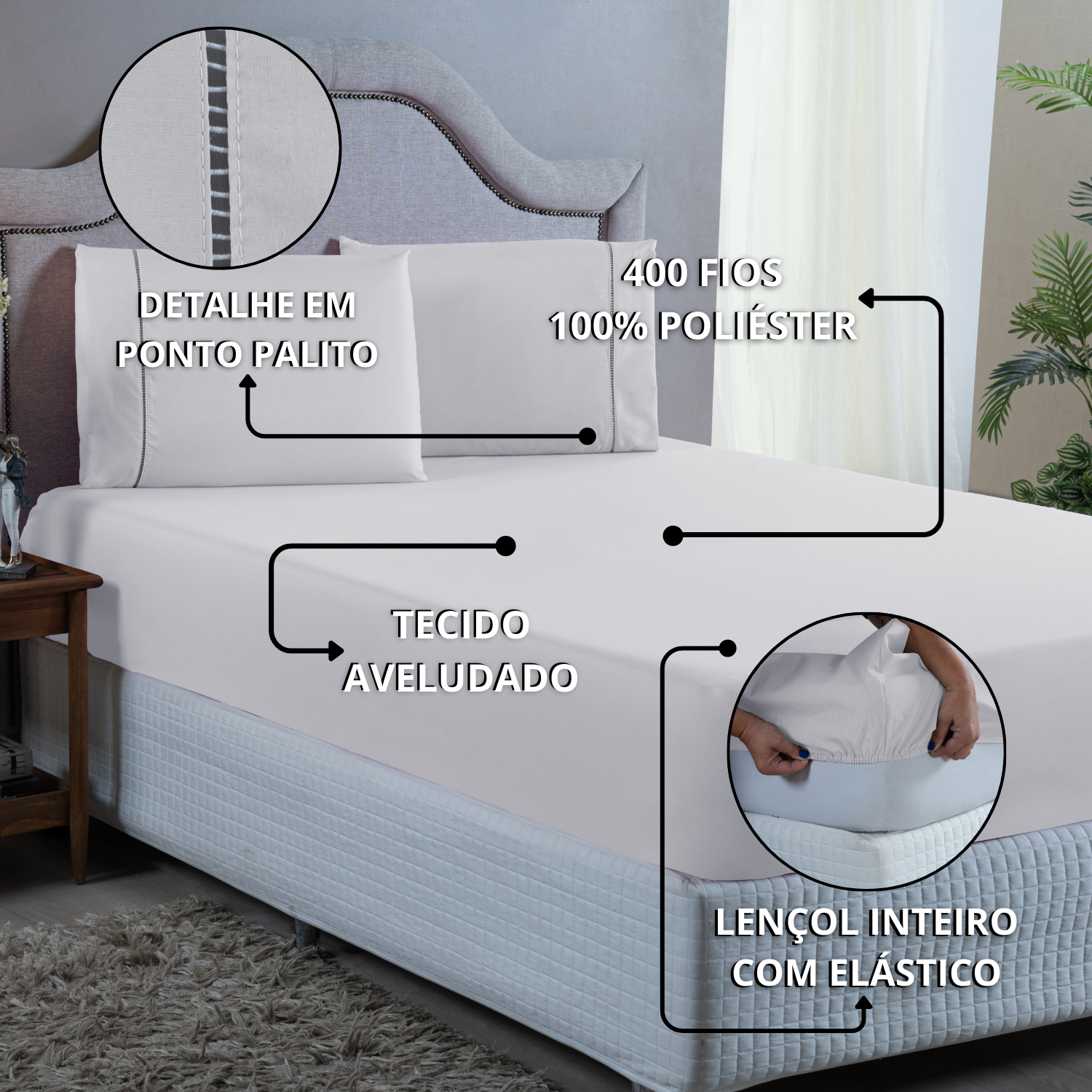 Conjunto Lençol King Ponto Palito Micropercal 400 Fios 3 Peças Roupa Cama Box e Padrão:branco - 6