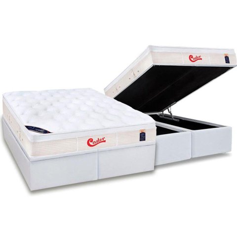 Cama Box Baú Queen: Colchão Molas Ensacadas Castor Pocket Gold Star Vitagel + Base CRC Courano White