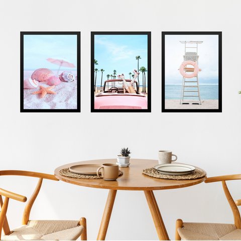 Kit 3 Quadros Decorativos Praia Cor de Rosa e Azul 24x18cm:moldura Preta
