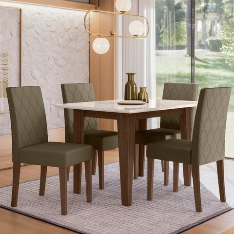 Conjunto Mesa de Jantar Kate 120cm Vidro 4 Cadeiras Jade Revestidas em Suede Amêndoa/Off White