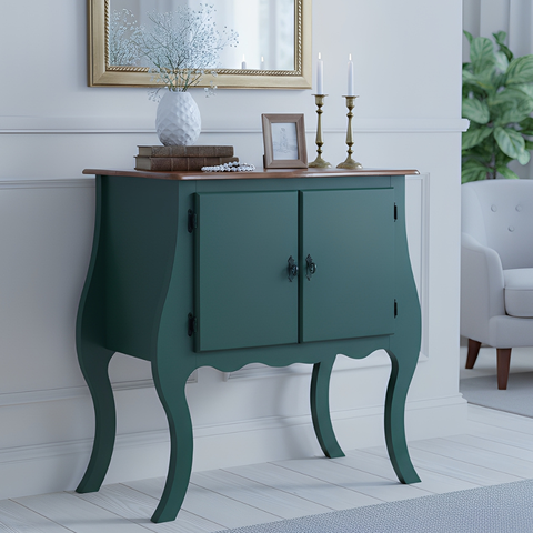 Cômoda de Madeira com 2 Portas Bombê - Verde Kalle com Tampo Imbuia Glazer