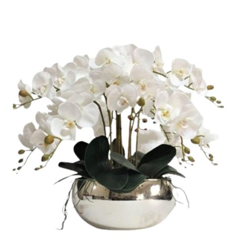 Arranjo Luxo 8 Flores de Orquídeas Real Branca Vaso Espelho