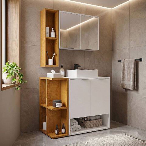 Conjunto para Banheiro Ibiza Ii Branco e Naturalle com Espelheira e Gabinete Moderno