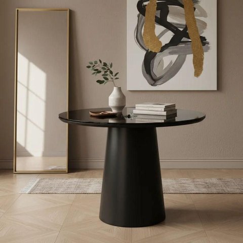 Mesa de Canto Cone Laqueado Redondo Vidro MDF 60cm Preto