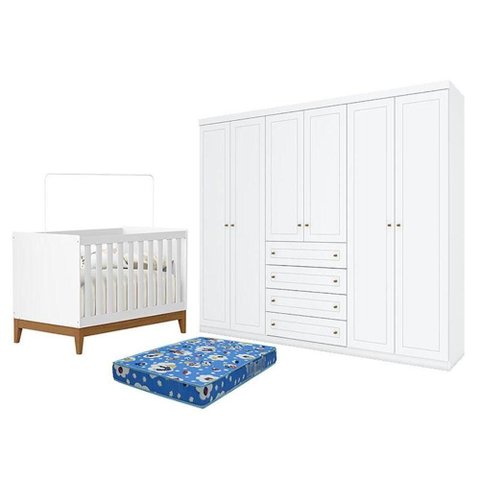 Berço Americano Flip Branco Acetinado Reller e Guarda Roupa Casal Americano 6 Portas Branco e Colch